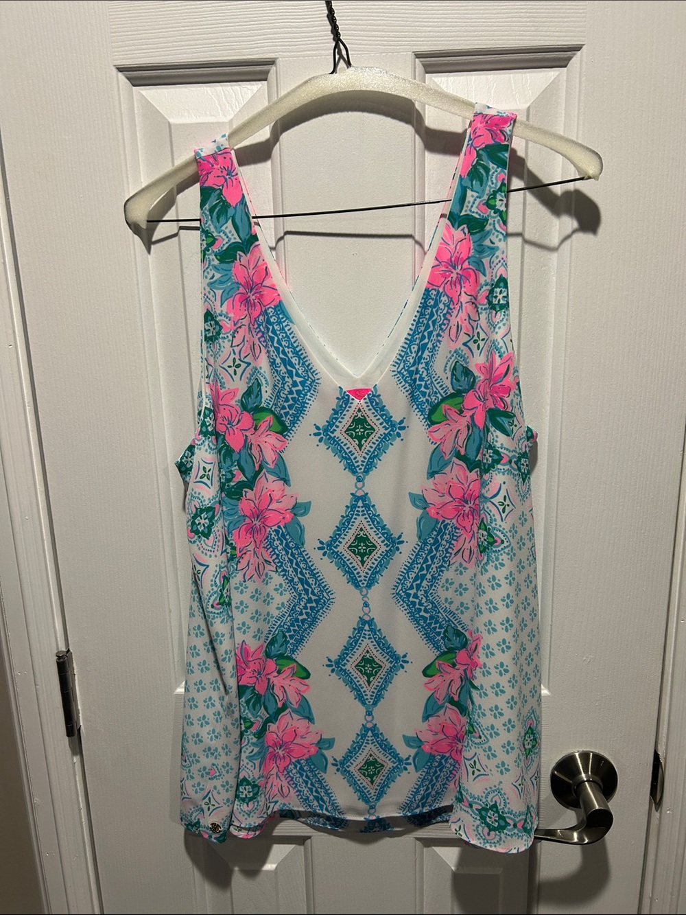 Lilly Pulitzer Pink & Teal Floral Geo V-Neck Tank